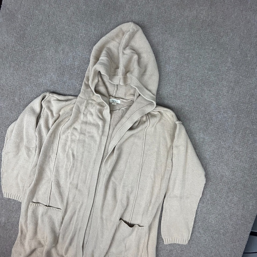 Style & Co Cardigan Sweater Womens XL Beige Cotton Hooded Open Front Ribbed Trim
